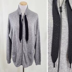 Repeat Cashmere full zip cardigan sweater gray rhinestone studded size large